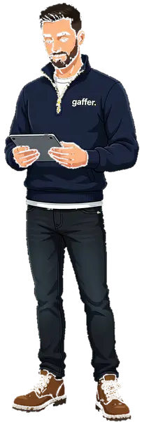 gaffer, in his gaffer fleece, tapping through jobs on a tablet
