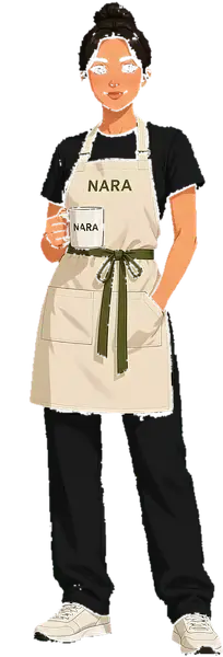 nara, in her nara apron, drinking a coffee